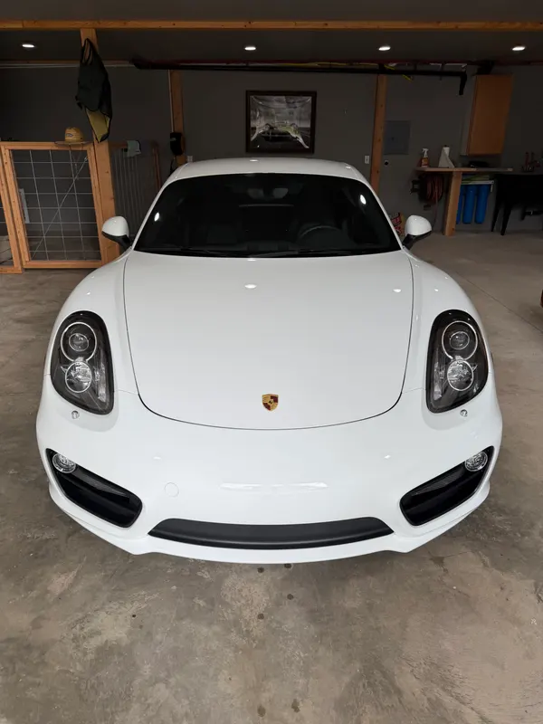 White Porsche Cayman S front end after exterior detail